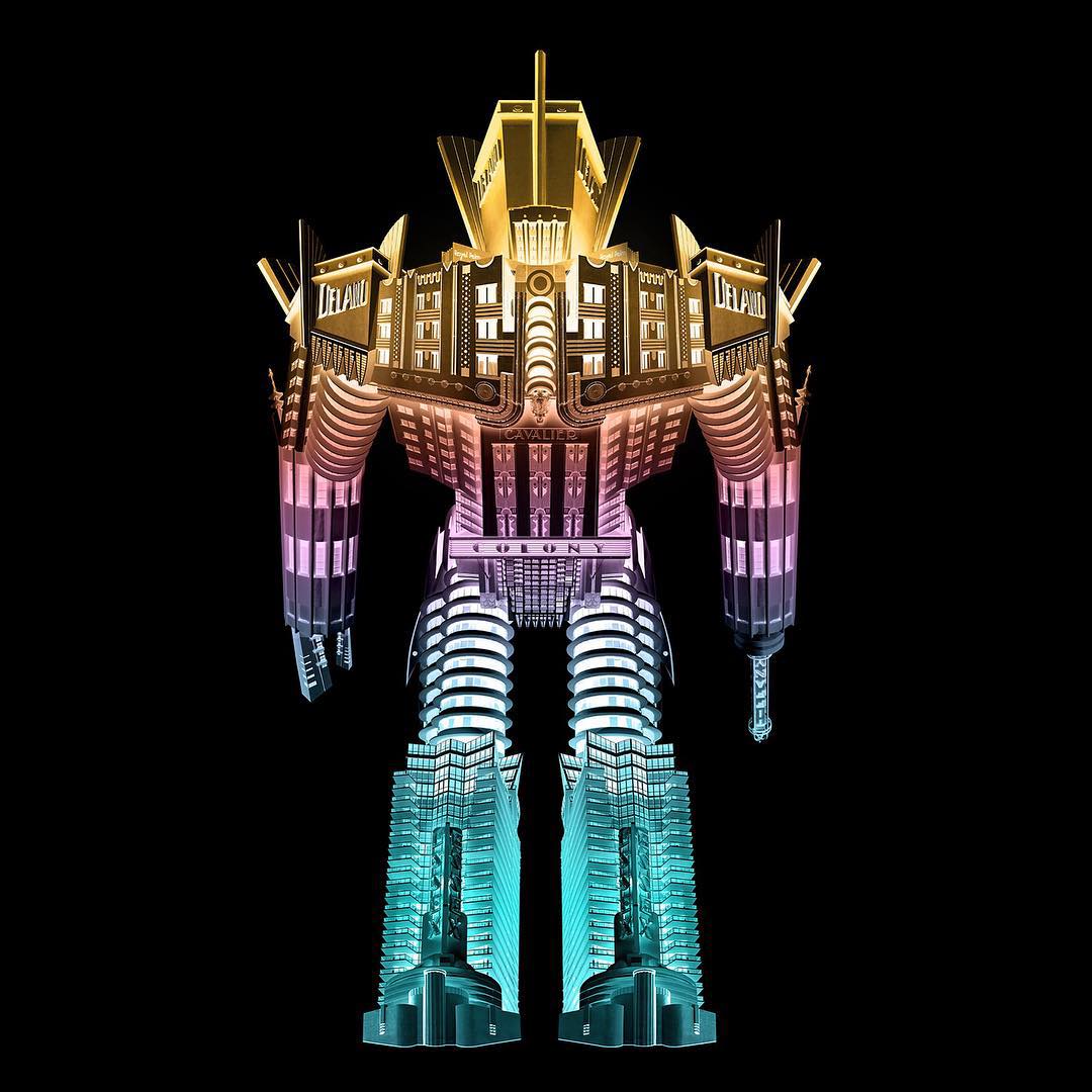 This is a Skyscraper Robot Mashup of Miami’s Most Iconic Art Deco Architecture Image