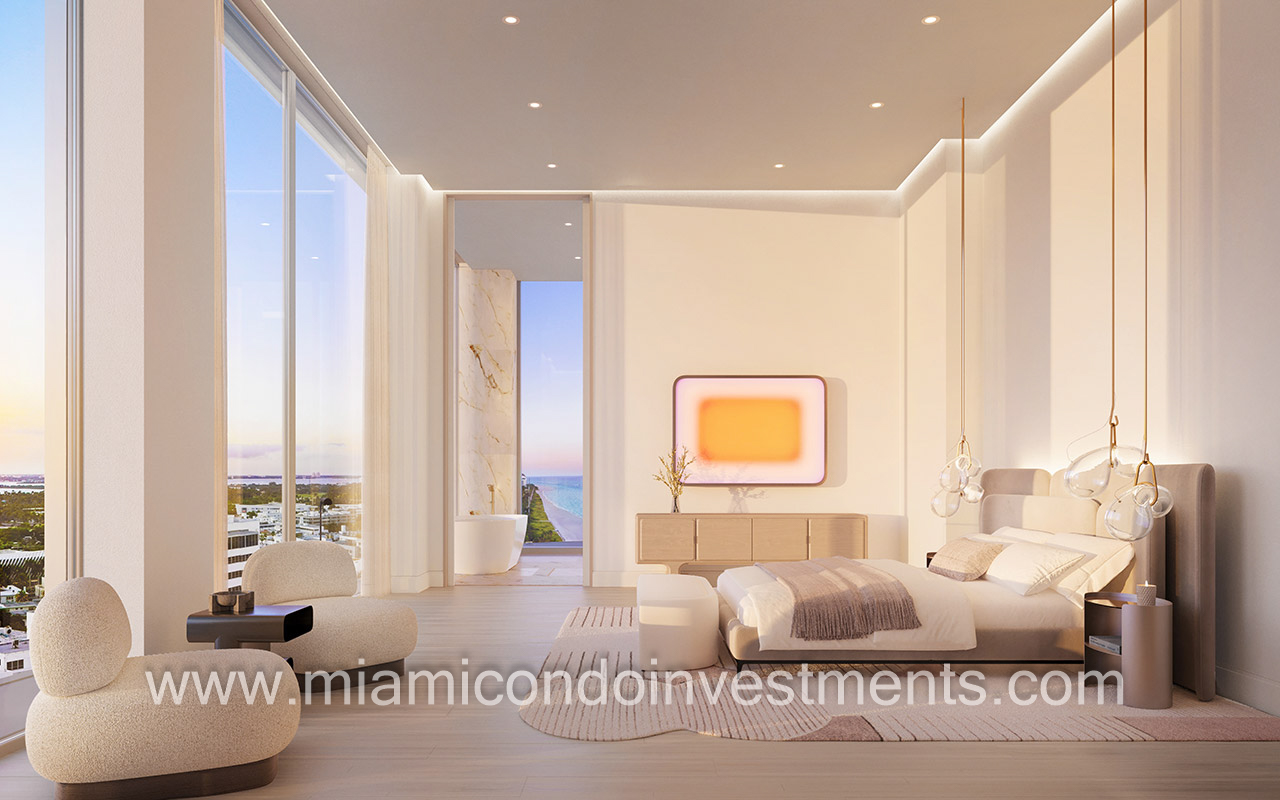 Ritz-Carlton Residences South Beach primary bedroom with high ceilings